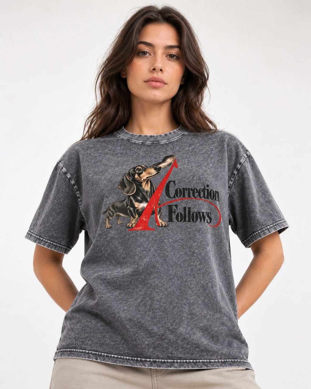 A Dachshund Correction Follows Washed Tee in Gray, worn by a model