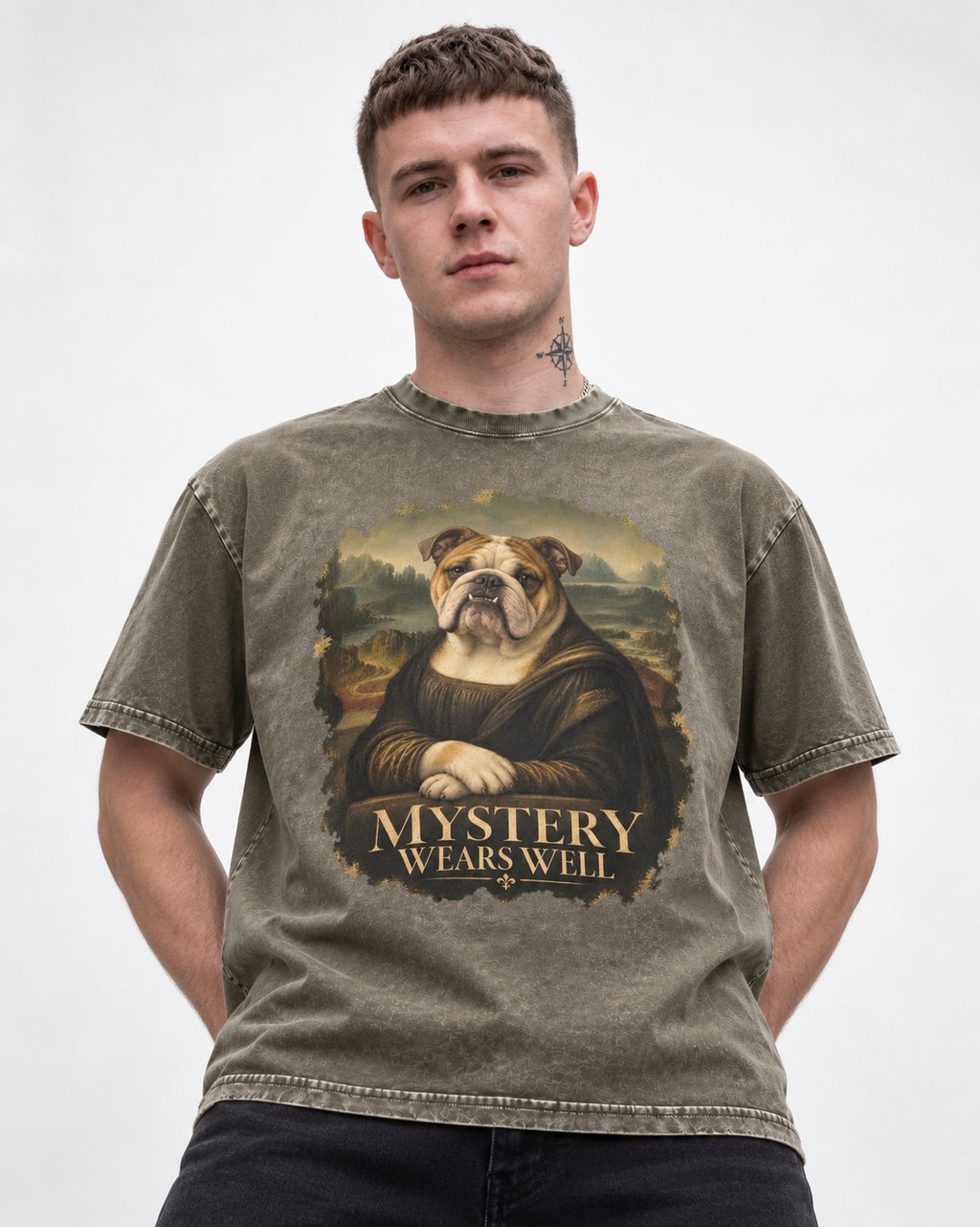 English Bulldog Mystery Wears Well Mona Lisa Portrait Washed Tee in Army Green, worn by a model