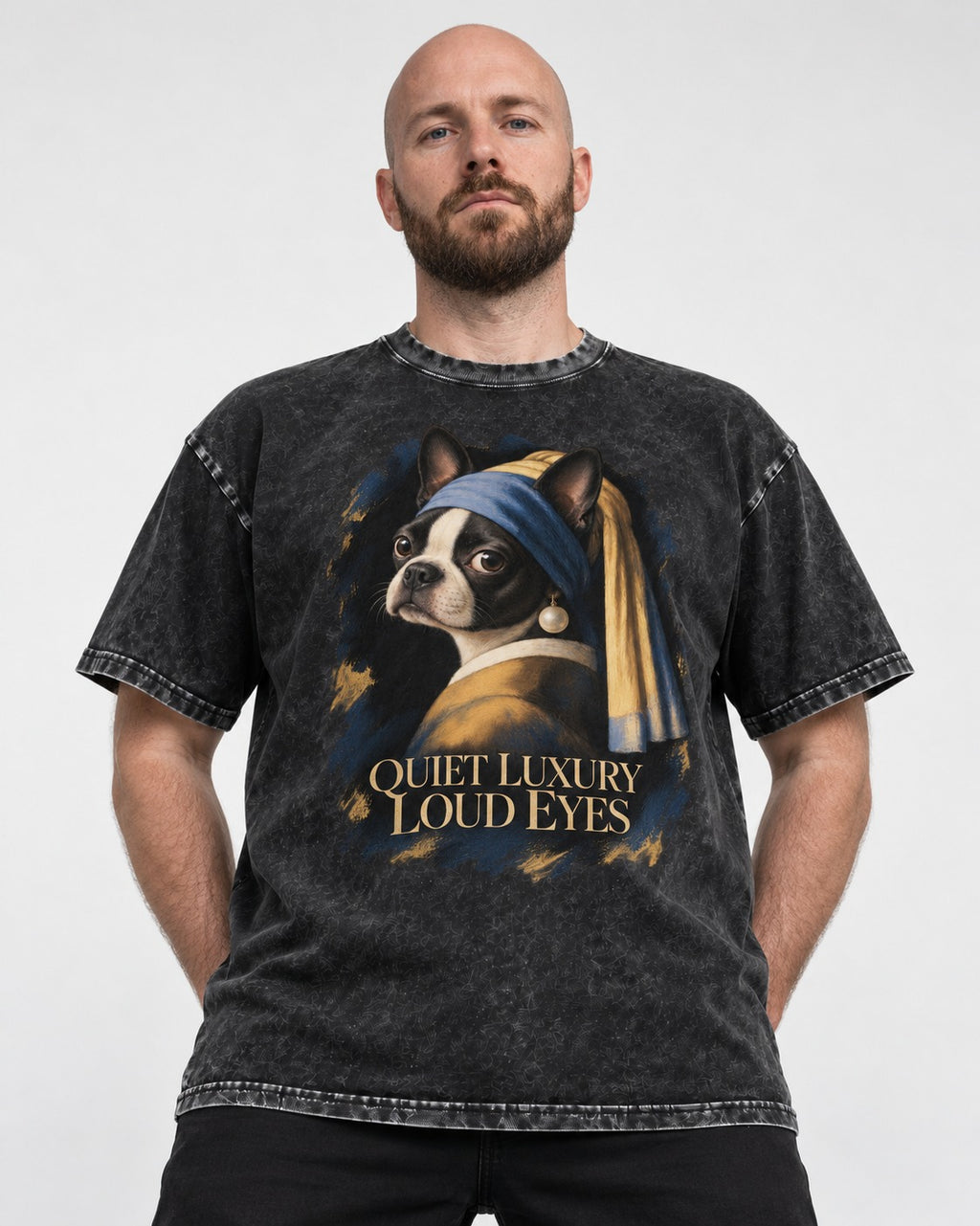 Quiet Luxury Loud Eyes Boston Terrier Pearl Portrait Washed Tee in Black, worn by a model