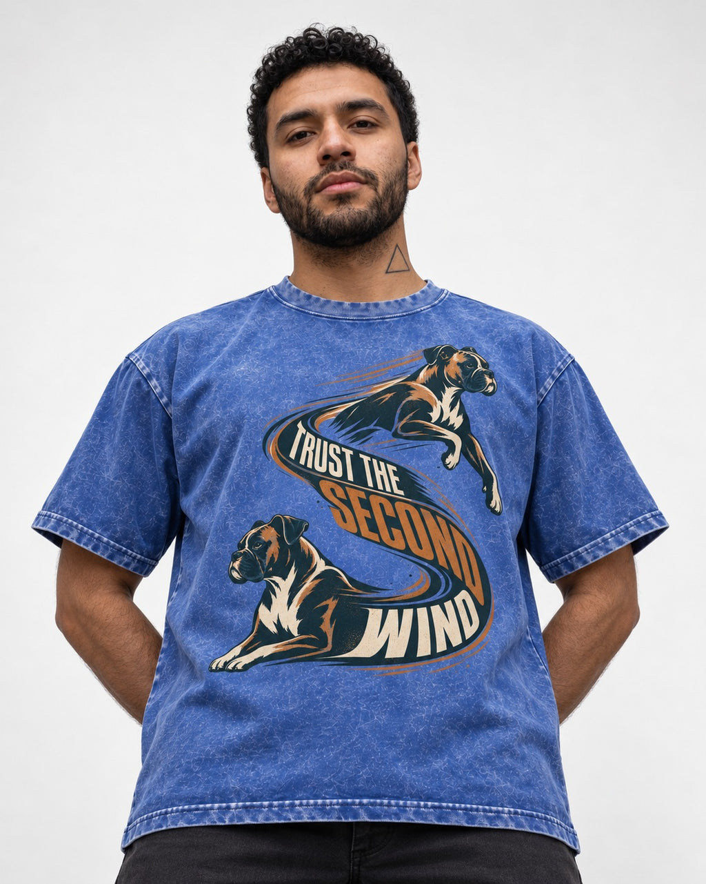 Trust the Second Wind Boxer Motion Graphic Washed Tee in Royal Blue, worn by a model