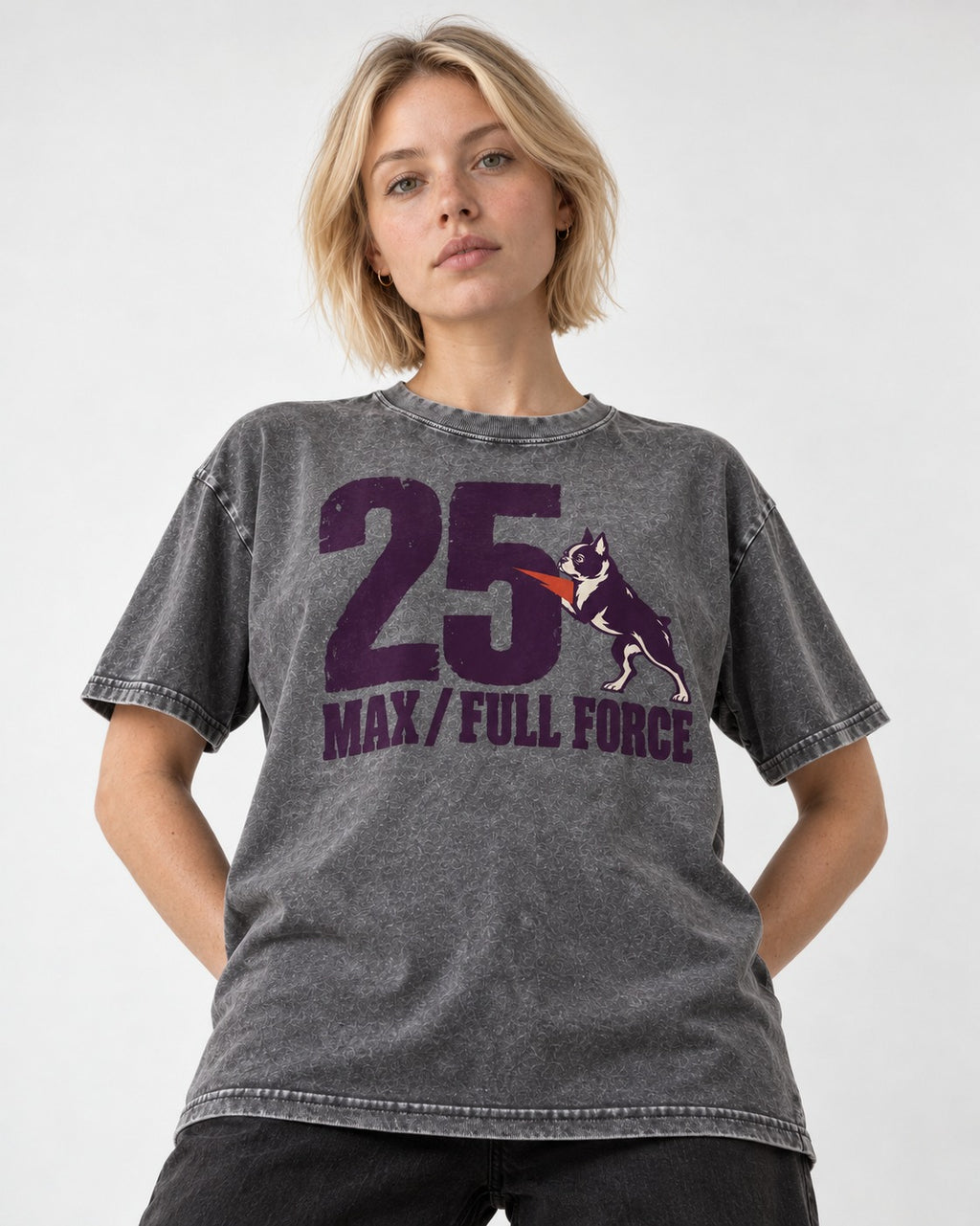 Boston Terrier Full Force Washed Tee in Gray, worn by a model