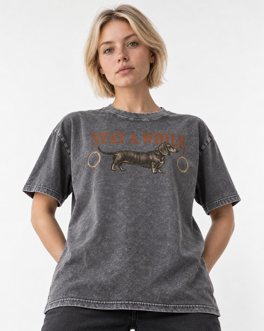 Dachshund Stay A While Ornamental Portrait Graphic Washed Tee in Gray, worn by a model