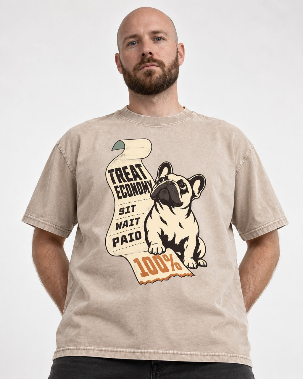 Frenchie Treat Economy Sit Wait Paid Receipt Graphic Washed Tee in Apricot, worn by a model