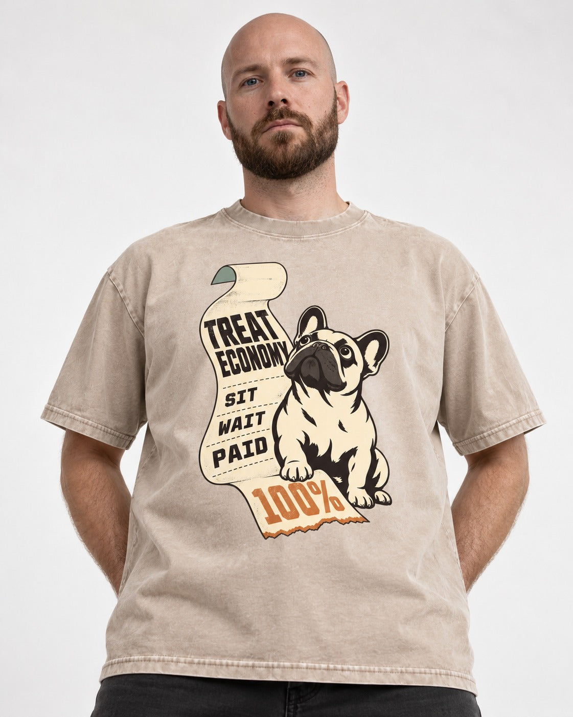 Frenchie Treat Economy Sit Wait Paid Receipt Graphic Washed Tee in Apricot, worn by a model