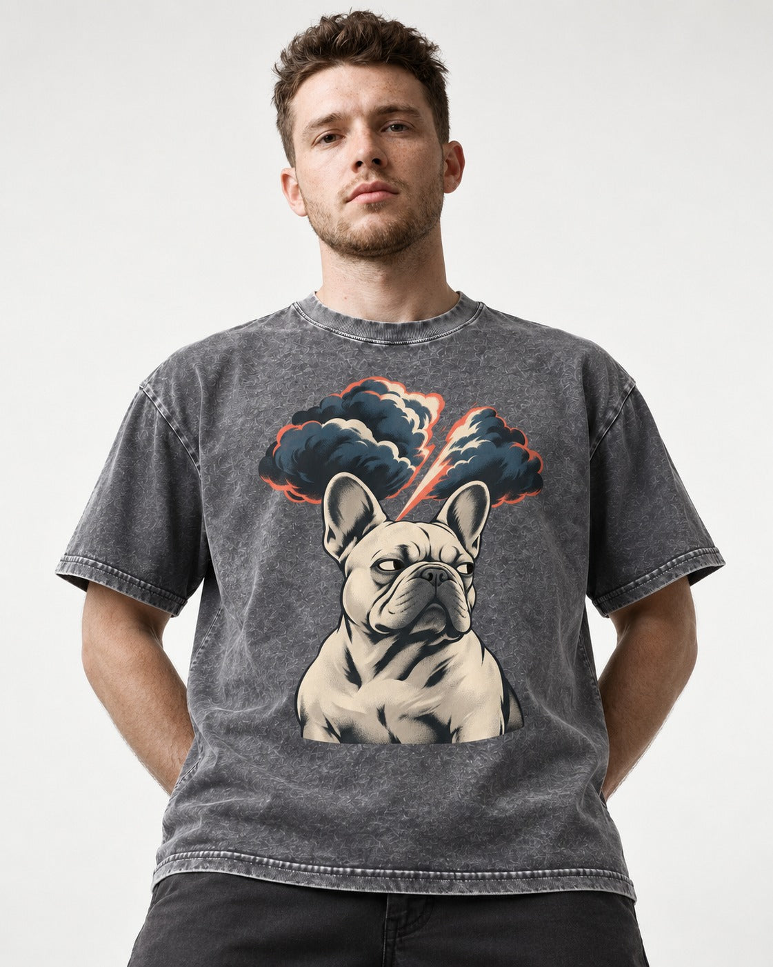 Frenchie Storm Warning Washed Tee in Gray, worn by a model