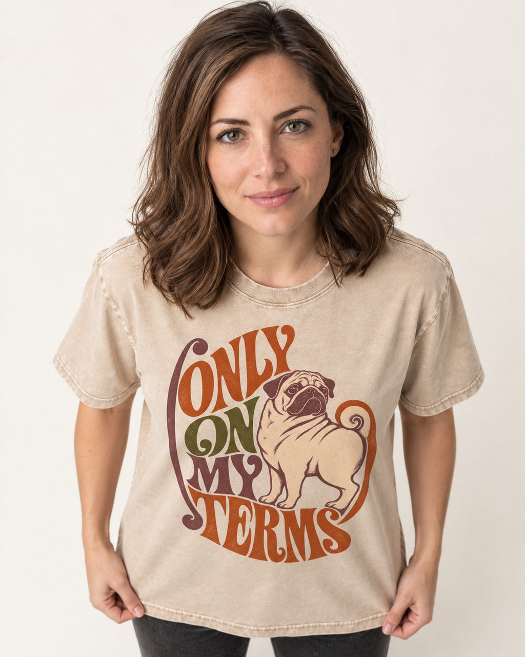 Pug Only on My Terms Washed Tee in Apricot, worn by a model