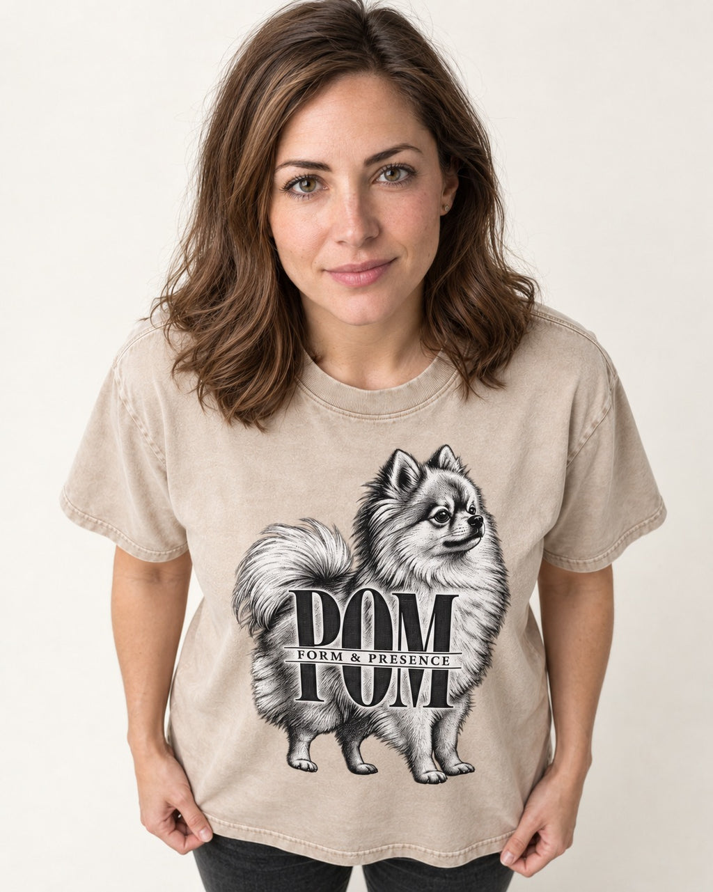 Pomeranian Form and Presence Monogram Graphic Washed Tee in Apricot, worn by a model