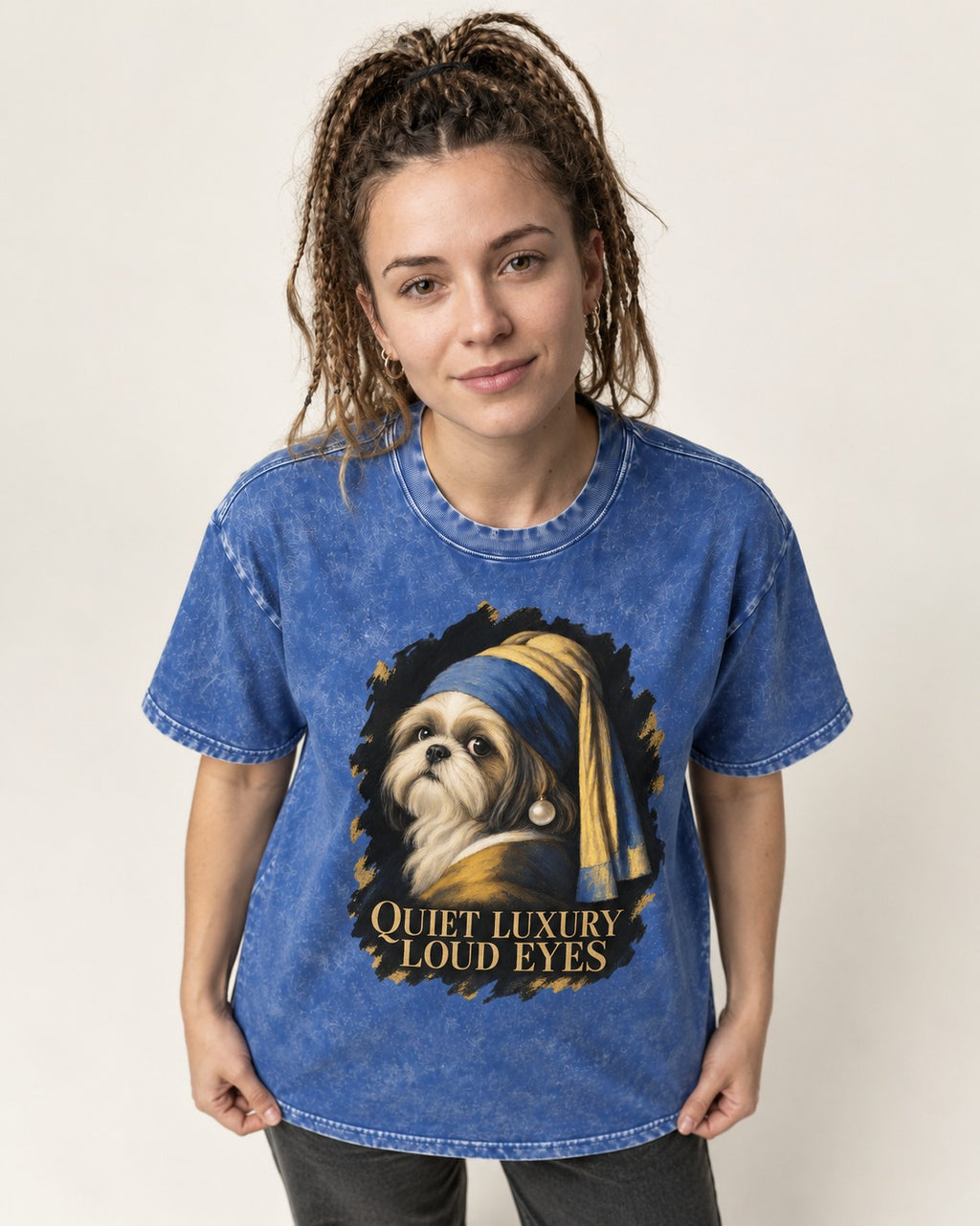 Shih Tzu Quiet Luxury Loud Eyes Pearl Portrait Graphic Washed Tee in Royal Blue, worn by a model