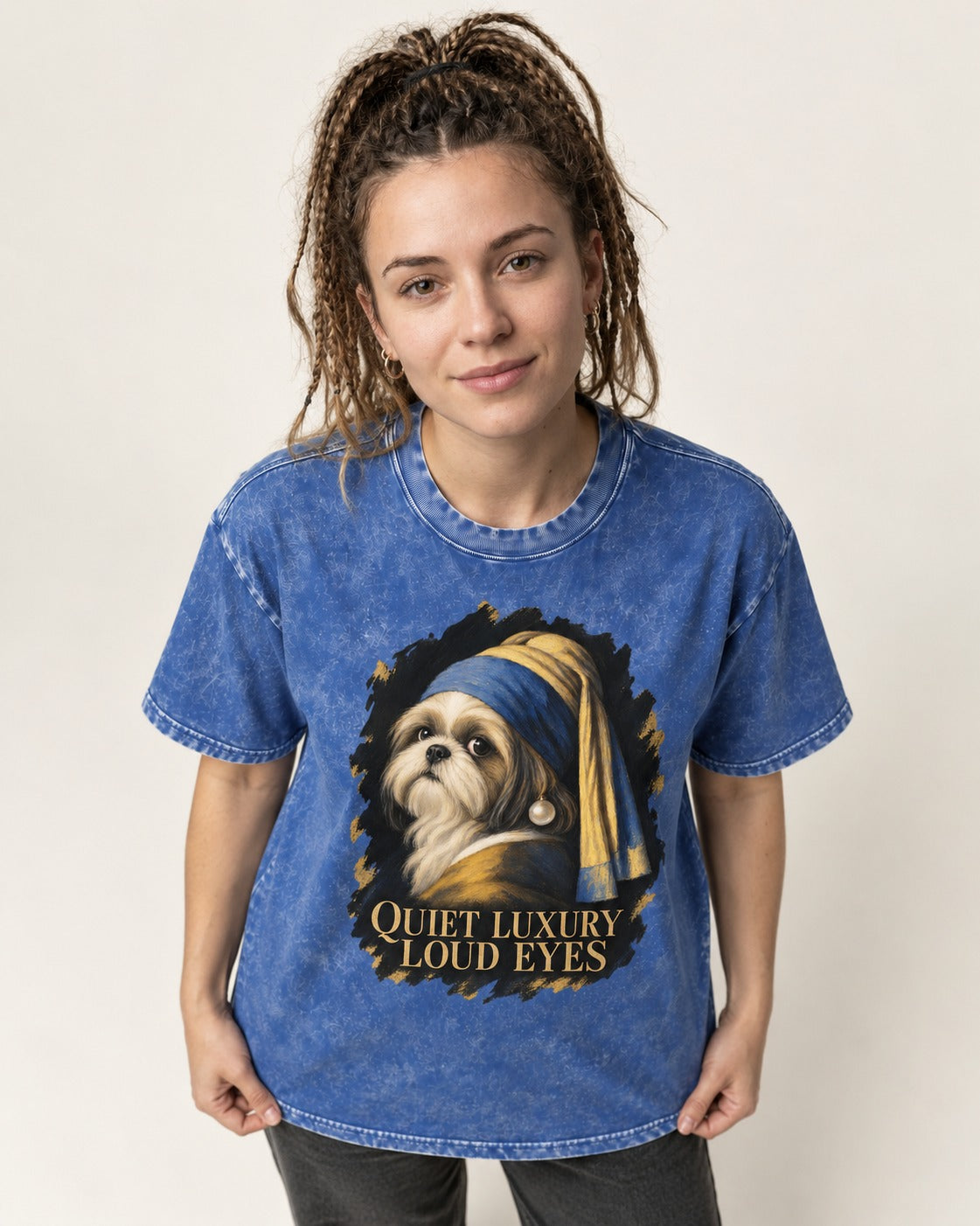 Shih Tzu Quiet Luxury Loud Eyes Pearl Portrait Graphic Washed Tee in Royal Blue, worn by a model