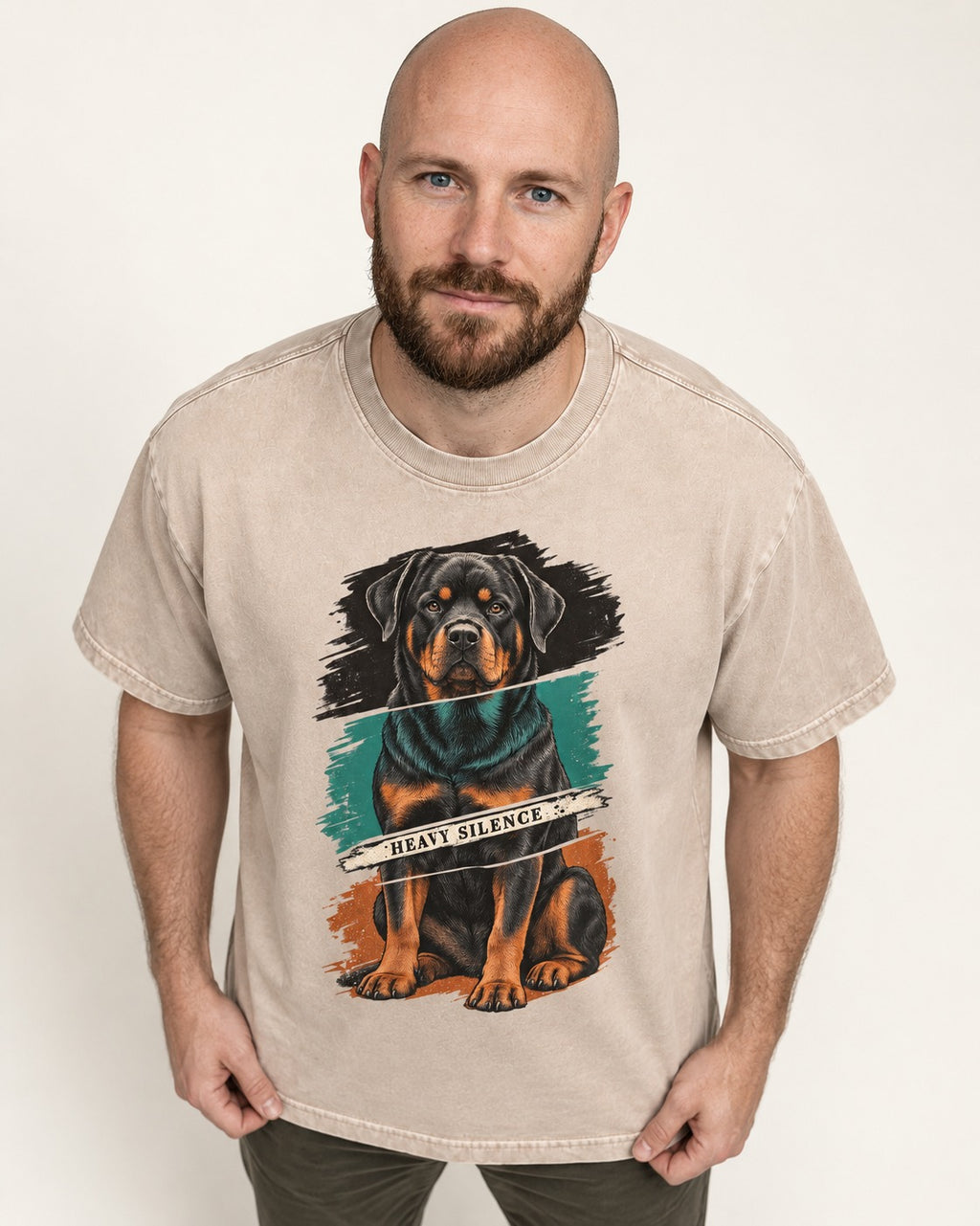 Rottweiler Heavy Silence Brushstroke Portrait Graphic Washed Tee in Apricot, worn by a model