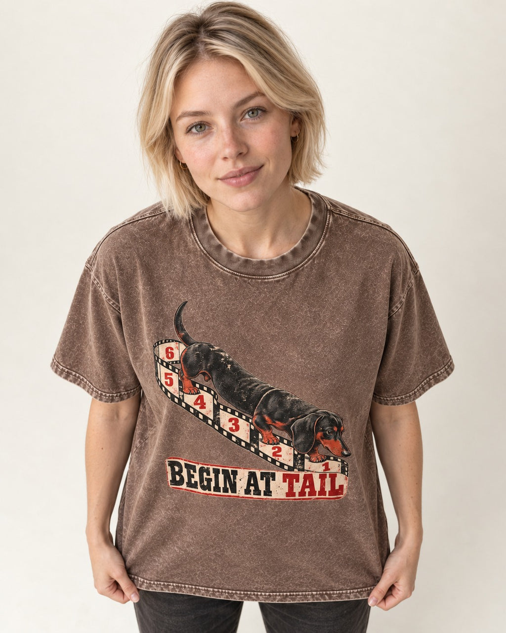 Begin at Tail Dachshund Washed Tee in Coffee, worn by a model