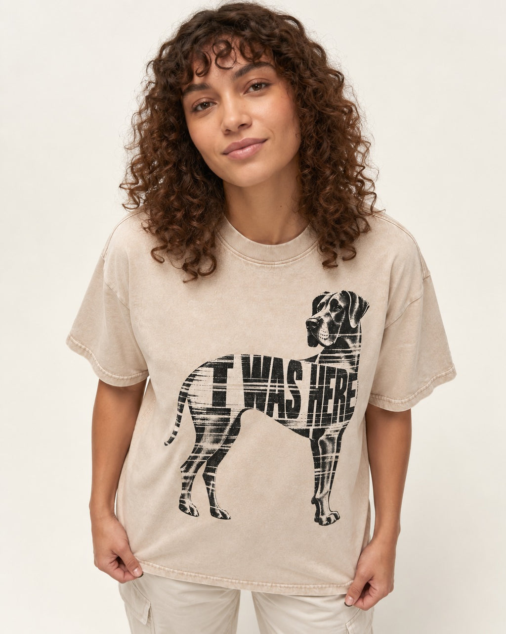 Great Dane I Was Here Plaid Silhouette Graphic Washed Tee in Apricot, worn by a model