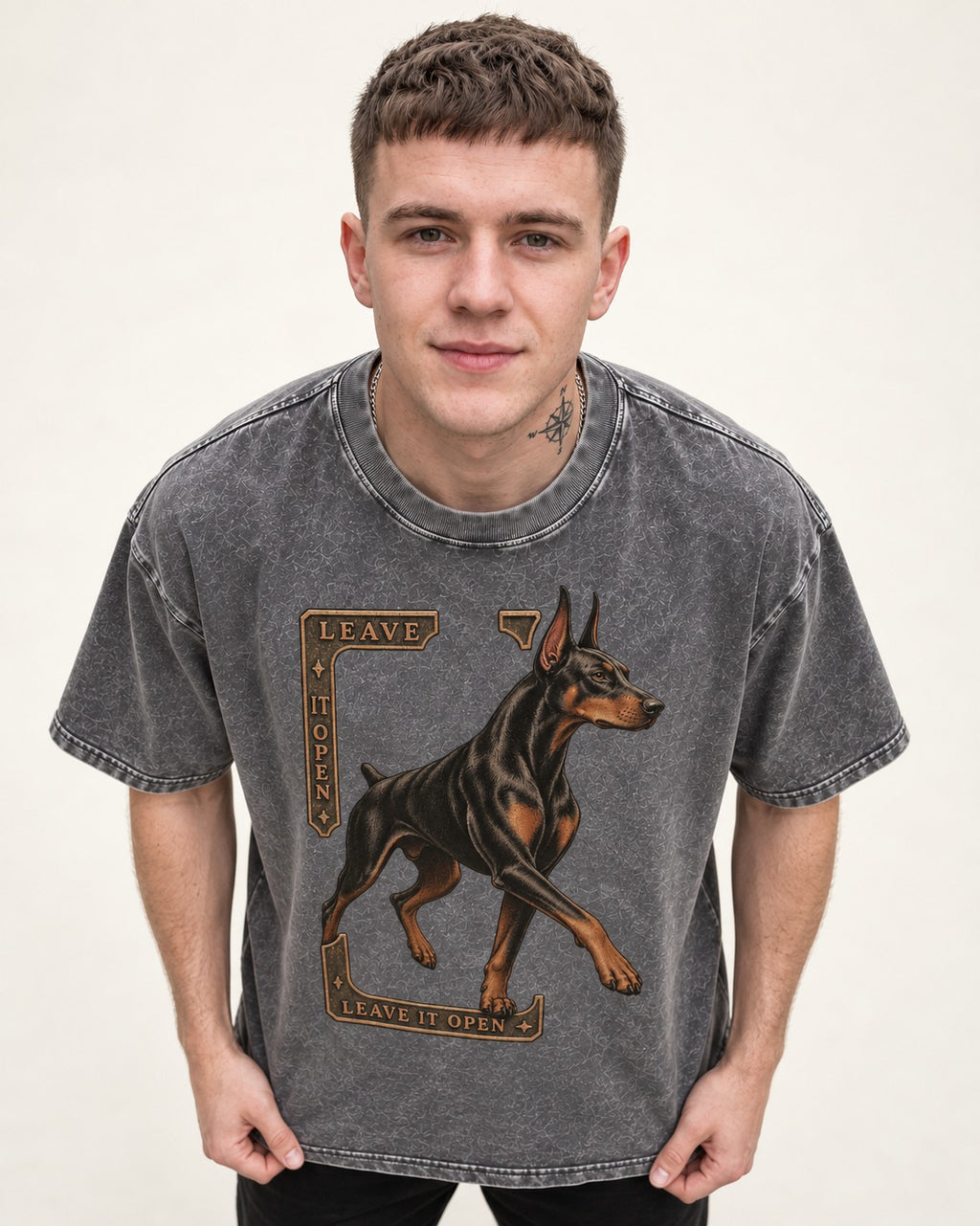 Leave It Open Doberman Washed Tee in Gray, worn by a model