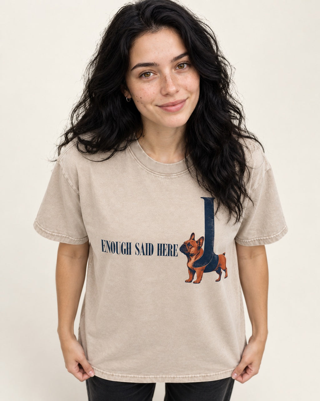 Frenchie Enough Said Washed Tee in Apricot, worn by a model