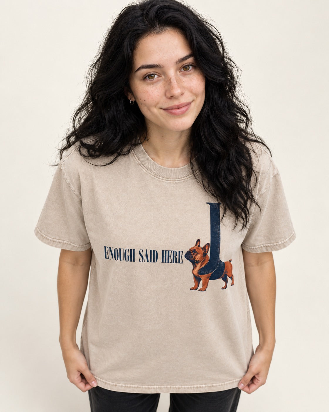 Frenchie Enough Said Washed Tee in Apricot, worn by a model