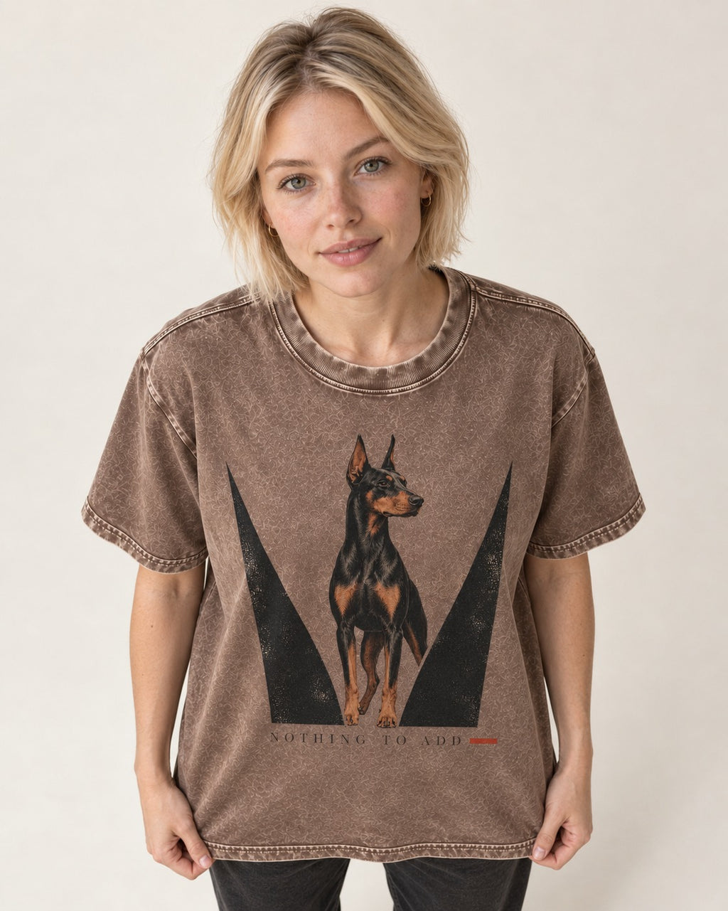 Doberman Nothing to Add Washed Tee in Coffee, worn by a model