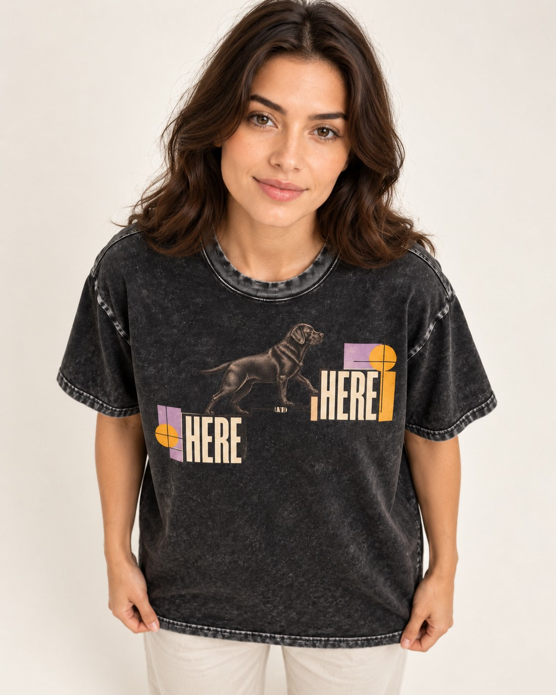 Here and Here Stepping Labrador Retriever Graphic Washed Tee in Black, worn by a model