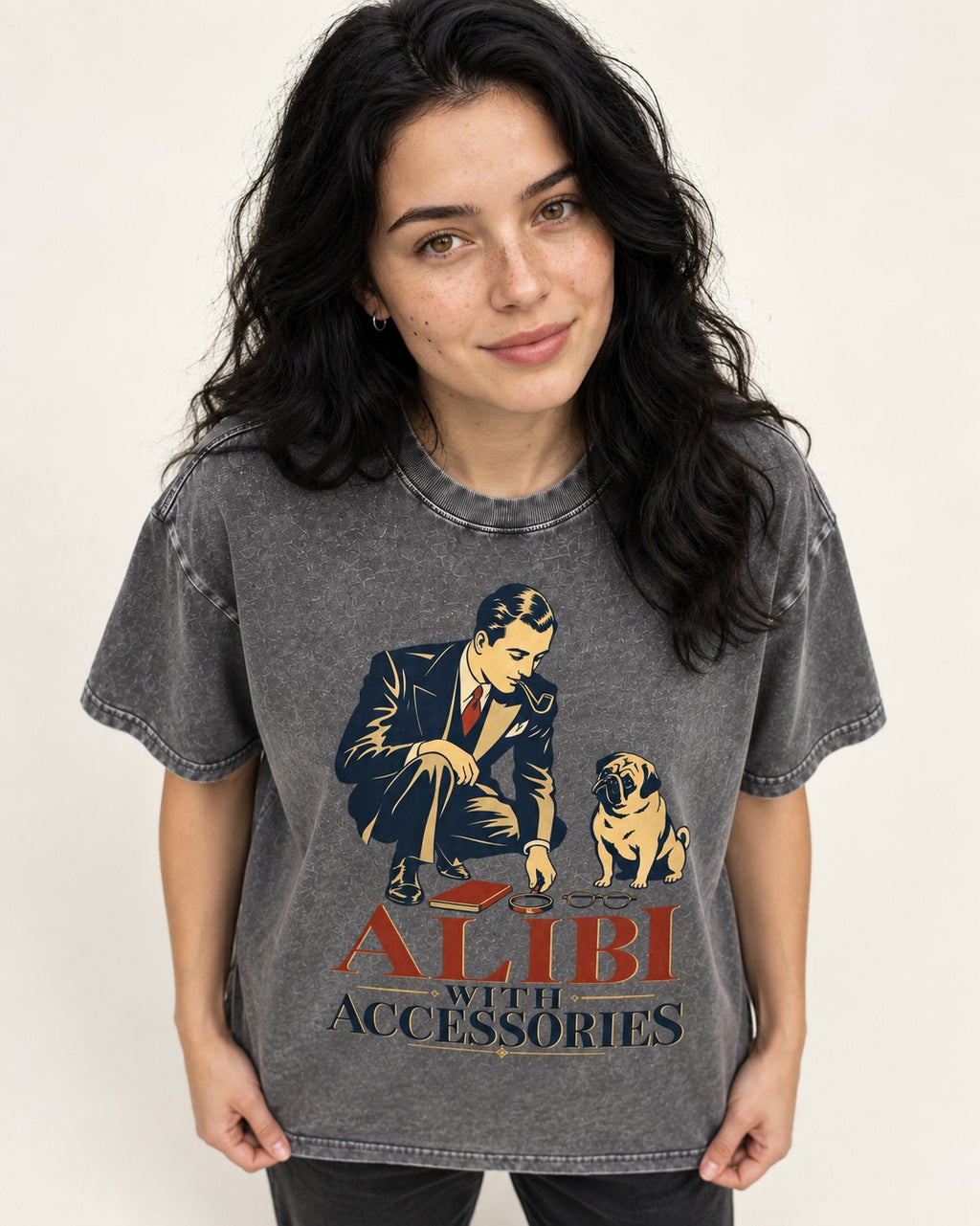 Pug Alibi with Accessories Washed Tee in Gray, worn by a model