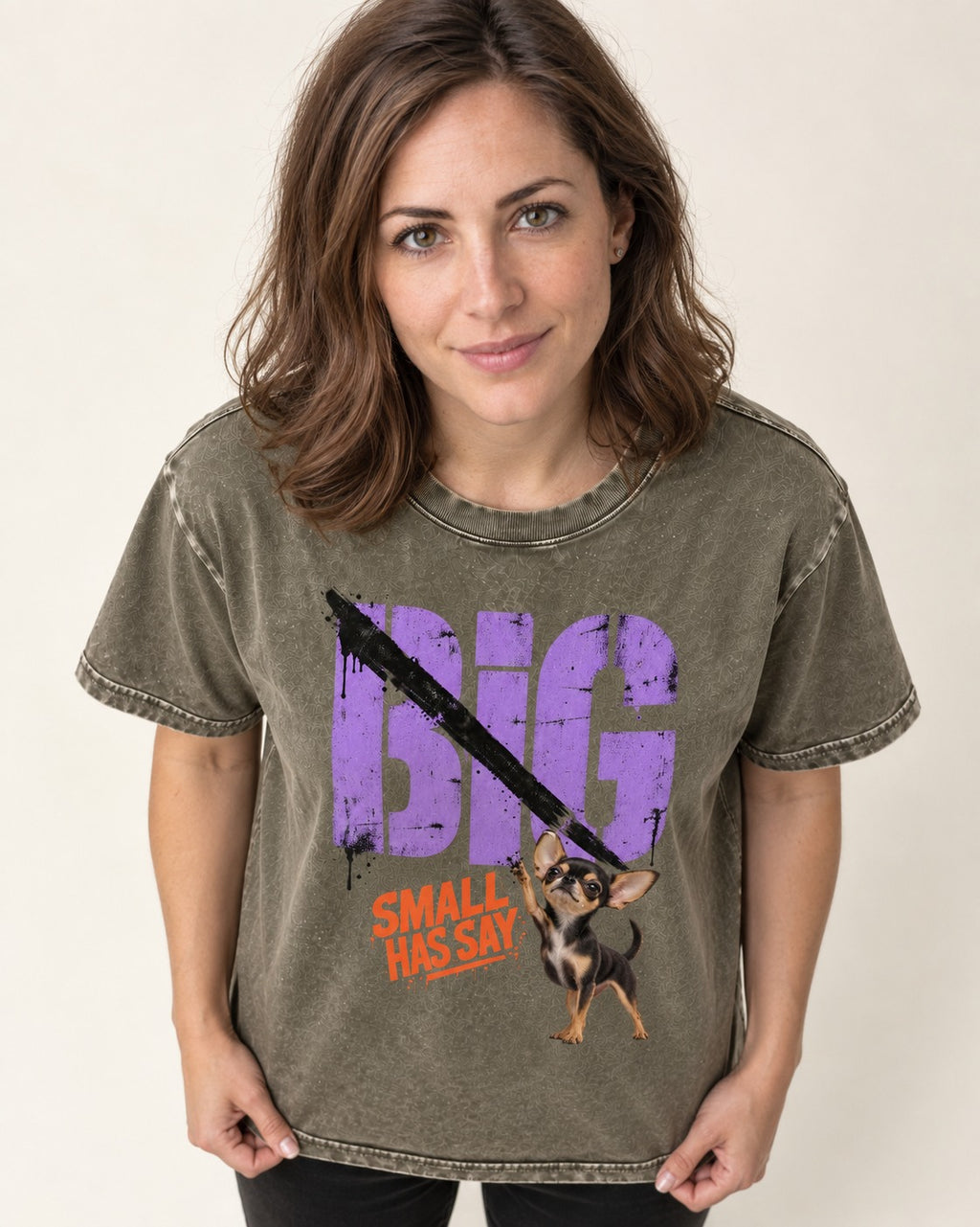 Chihuahua Big Small Has Say Diagonal Slash Graphic Washed Tee in Army Green, worn by a model