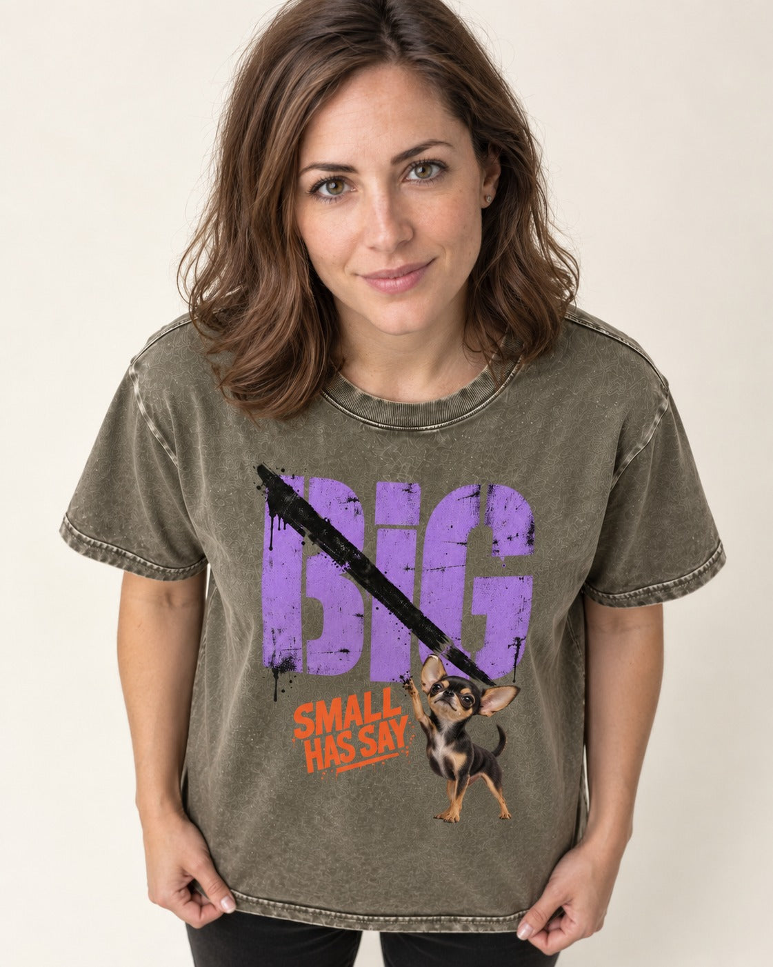 Chihuahua Big Small Has Say Diagonal Slash Graphic Washed Tee in Army Green, worn by a model