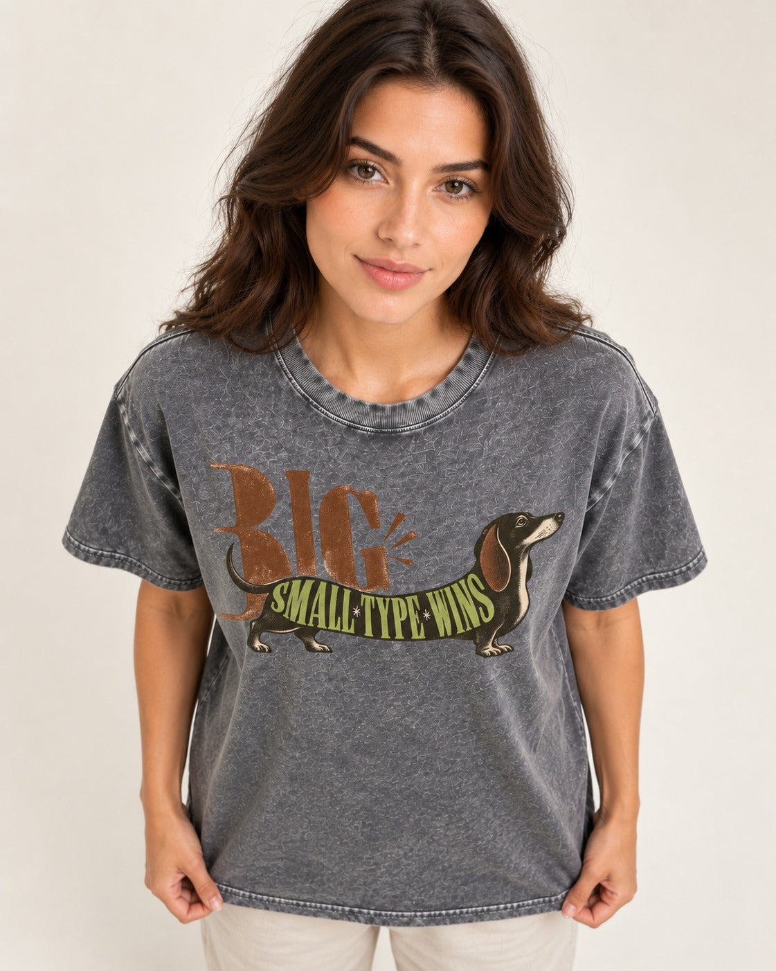 Dachshund Small Type Wins Washed Tee in Gray, worn by a model
