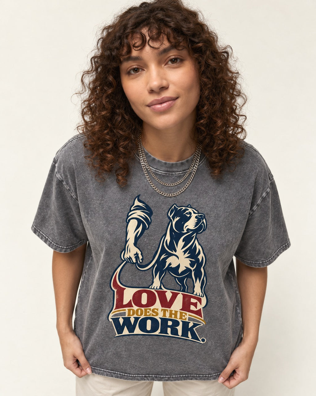 Pitbull Love Does the Work Washed Tee in Gray, worn by a model