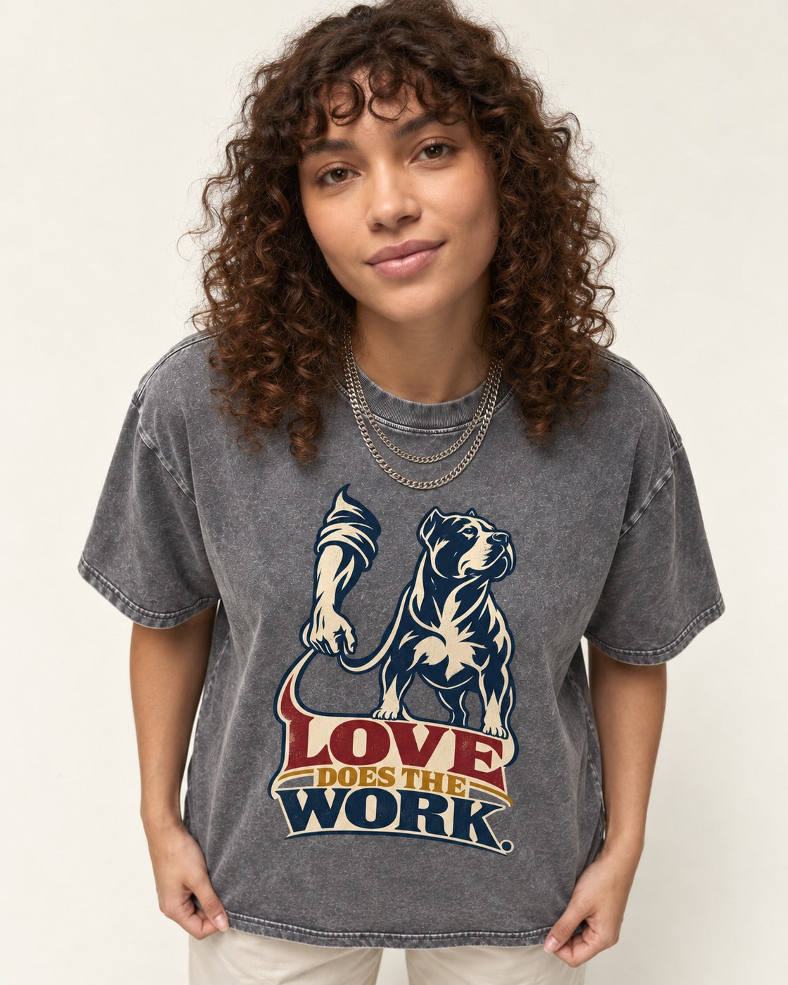 Pitbull Love Does the Work Washed Tee in Gray, worn by a model