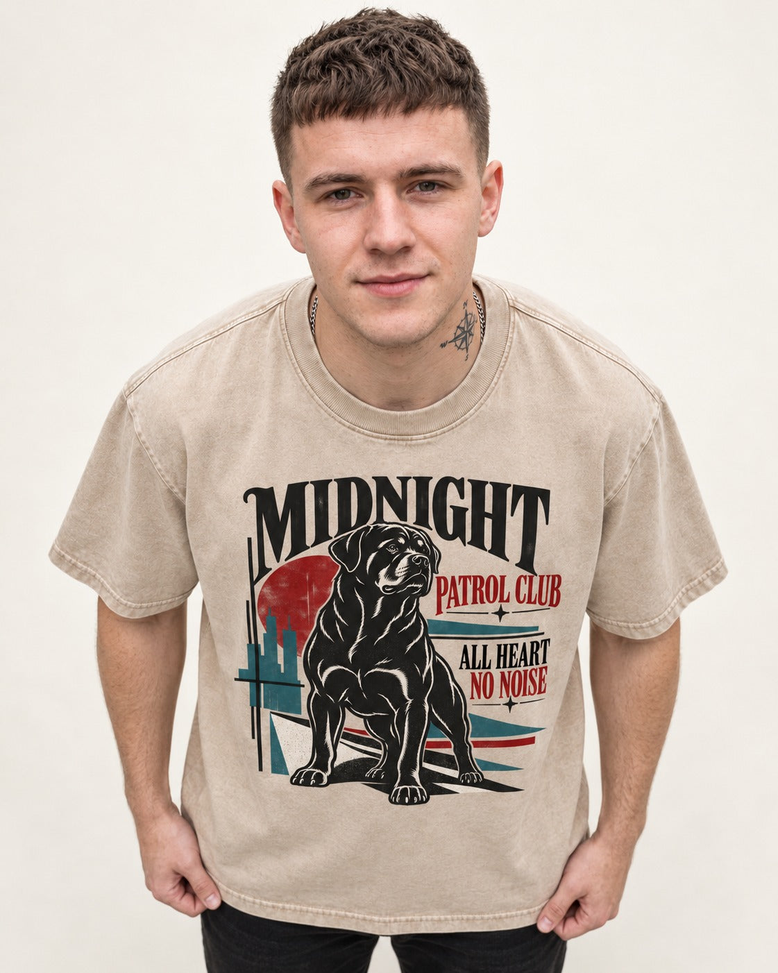 Rottweiler Midnight Patrol Club Washed Tee in Apricot, worn by a model