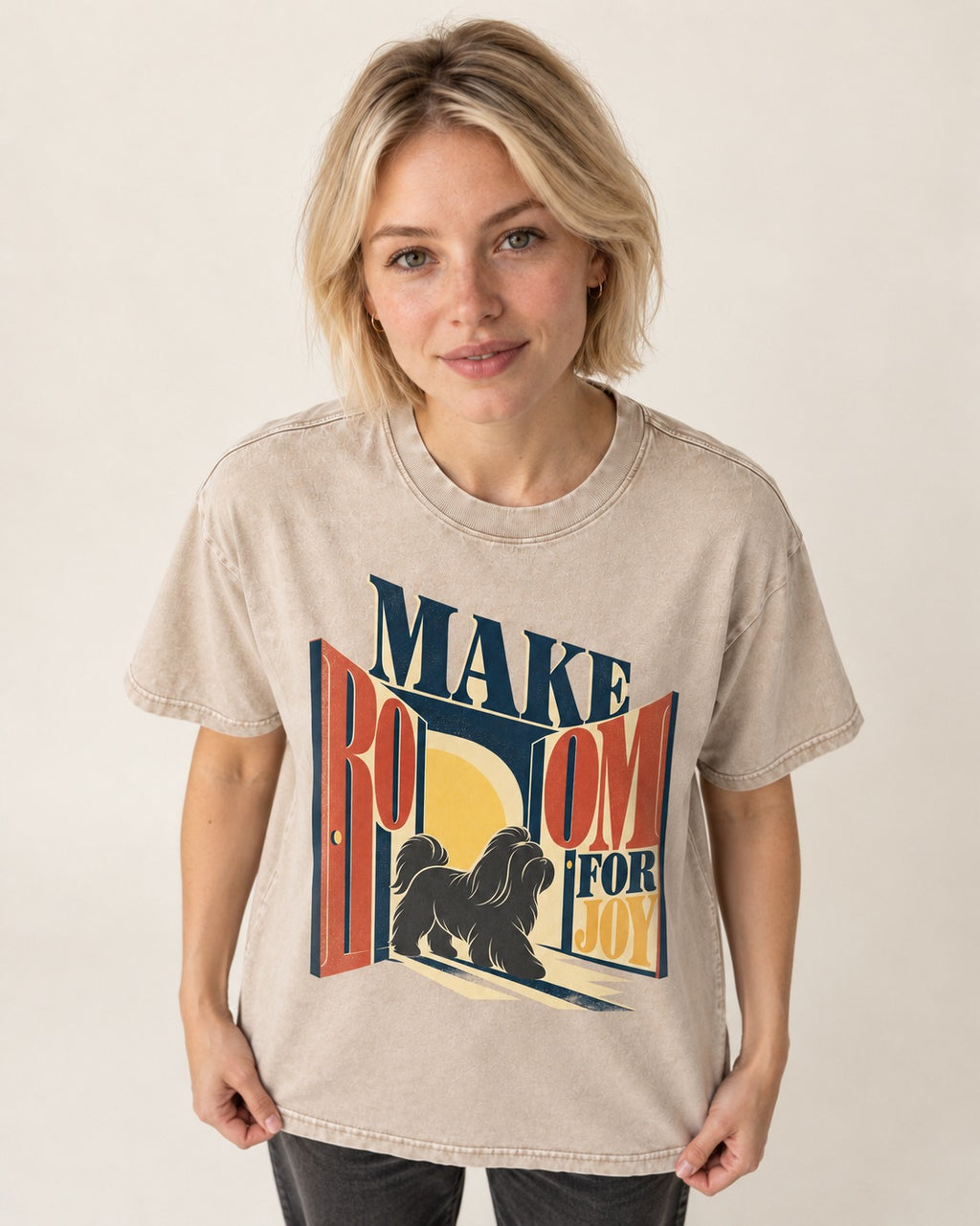 Shih Tzu Make Room for Joy Doorway Graphic Washed Tee in Apricot, worn by a model