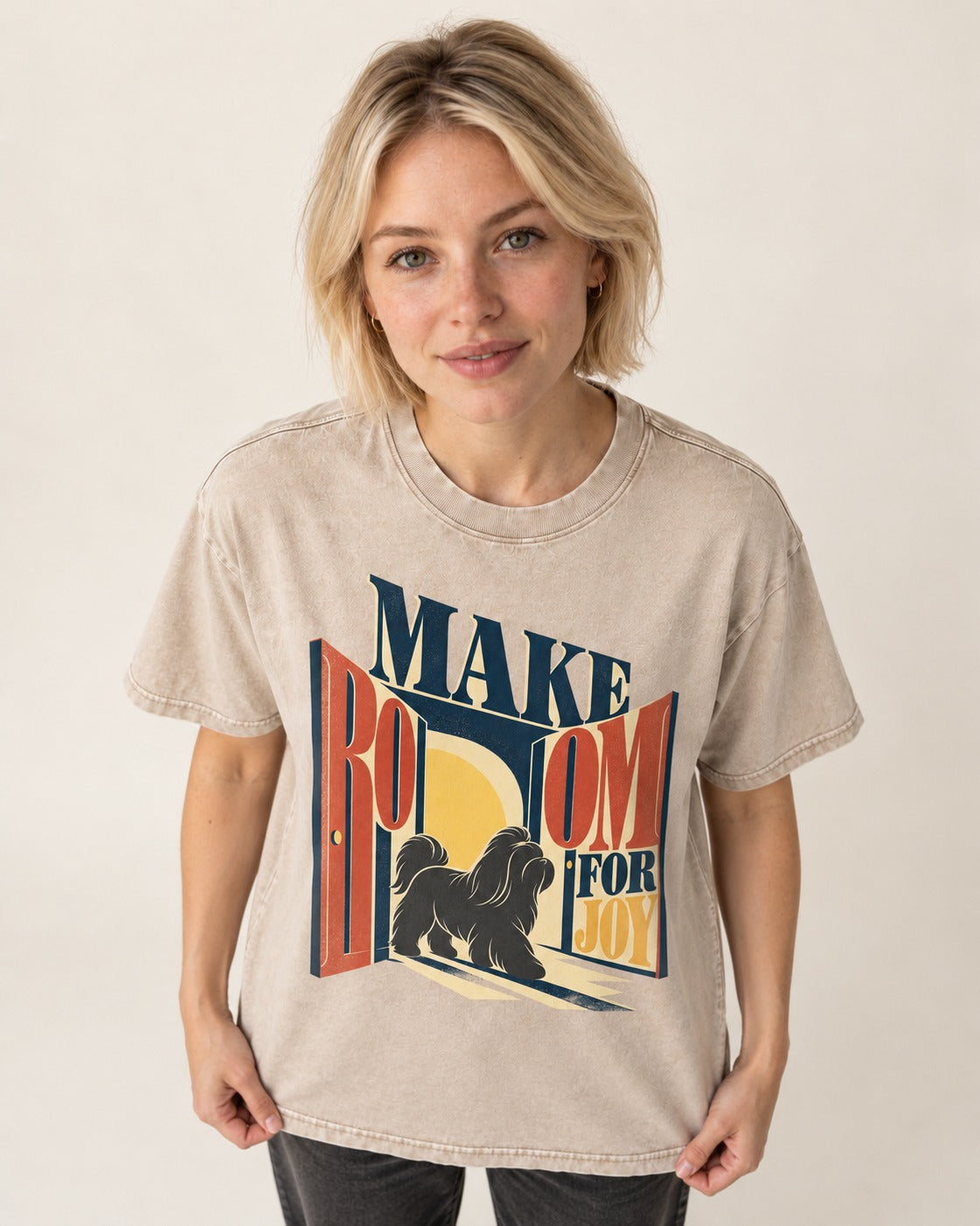 Shih Tzu Make Room for Joy Doorway Graphic Washed Tee in Apricot, worn by a model