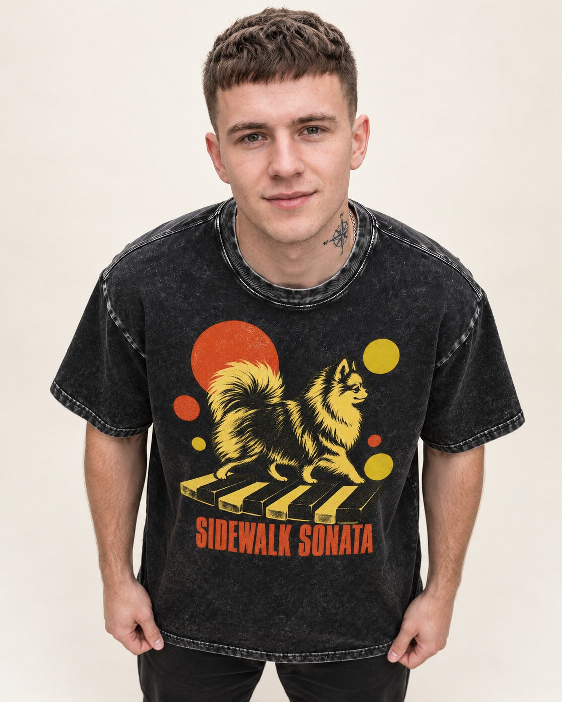 Pomeranian Sidewalk Sonata Piano Graphic Washed Tee in Black, worn by a model