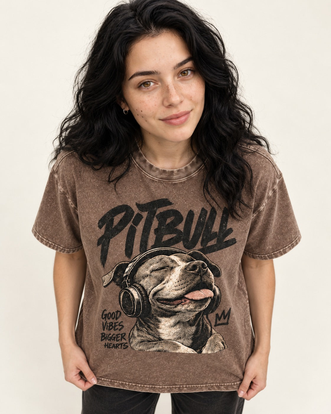 Pitbull Good Vibes Bigger Hearts Washed Tee in Coffee, worn by a model