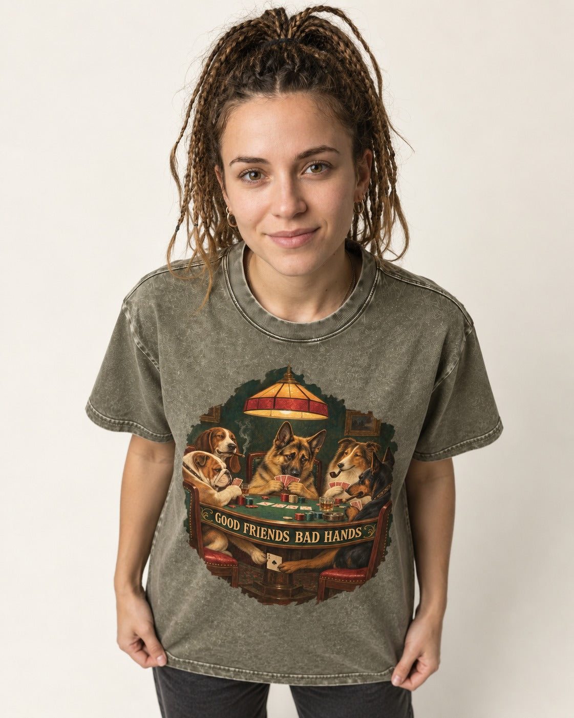 German Shepherd Dog Good Friends Bad Hands Poker Graphic Washed Tee in Army Green, worn by a model