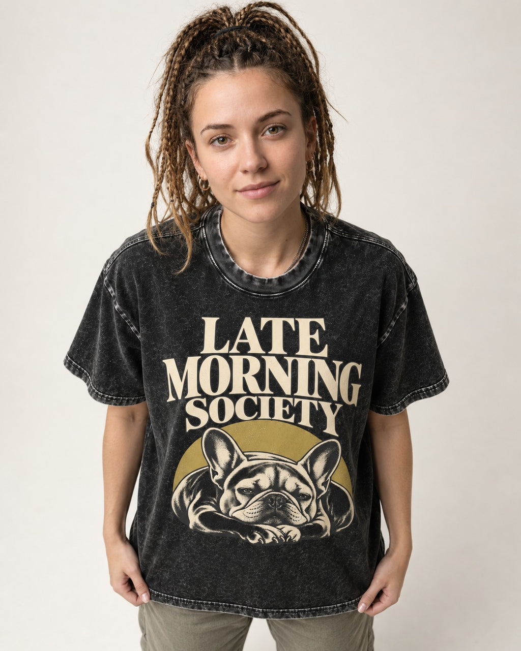 Frenchie Late Morning Society Graphic Washed Tee in Black, worn by a model