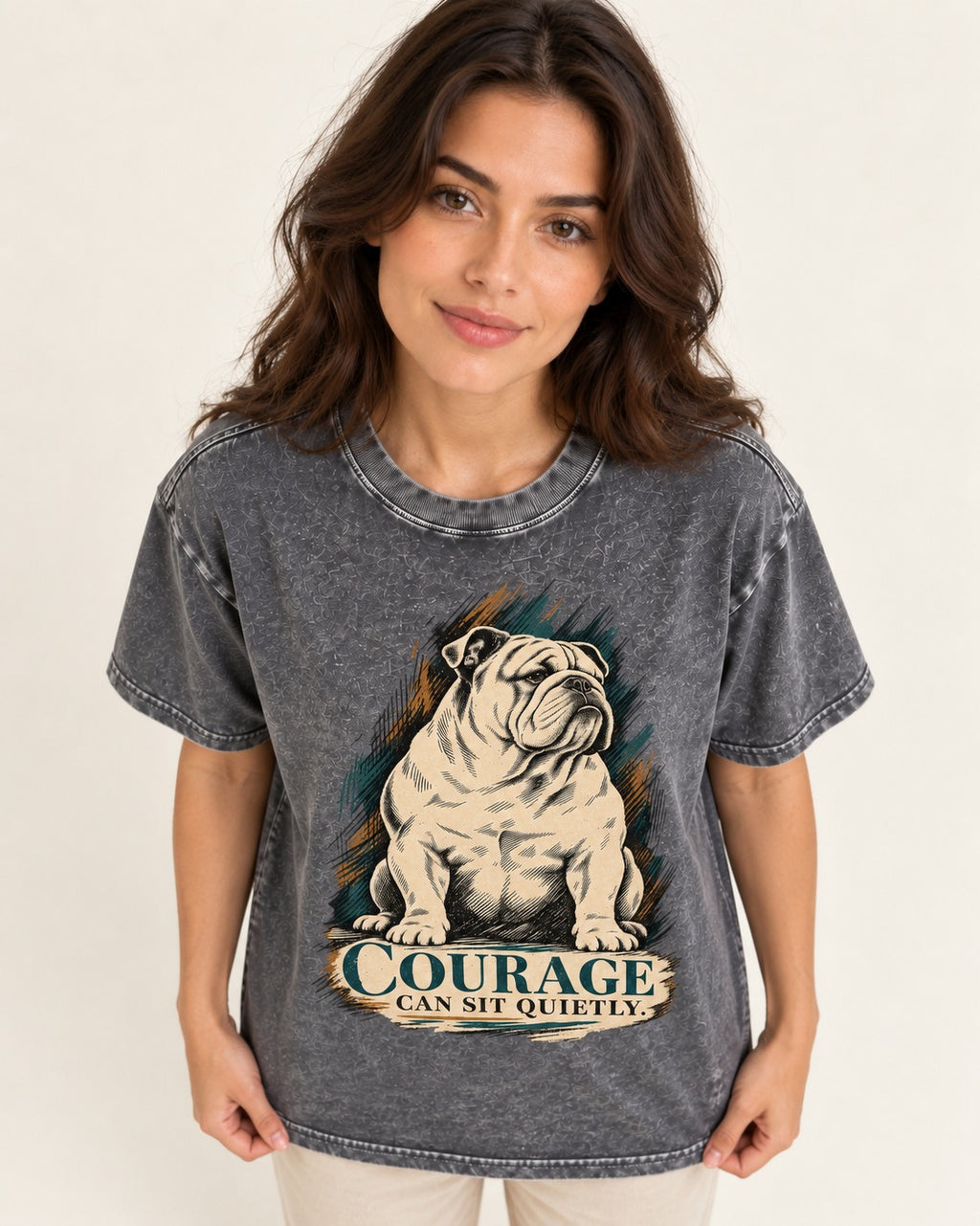 English Bulldog Courage Can Sit Quietly Washed Tee in Gray, worn by a model