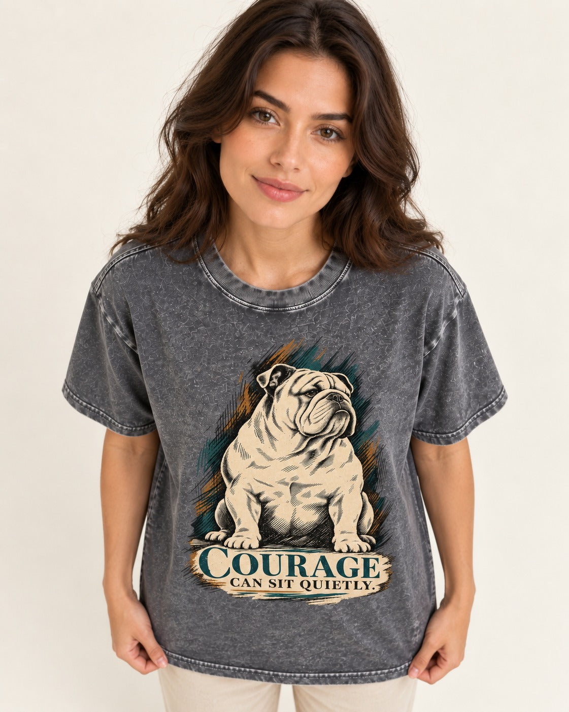 English Bulldog Courage Can Sit Quietly Washed Tee in Gray, worn by a model