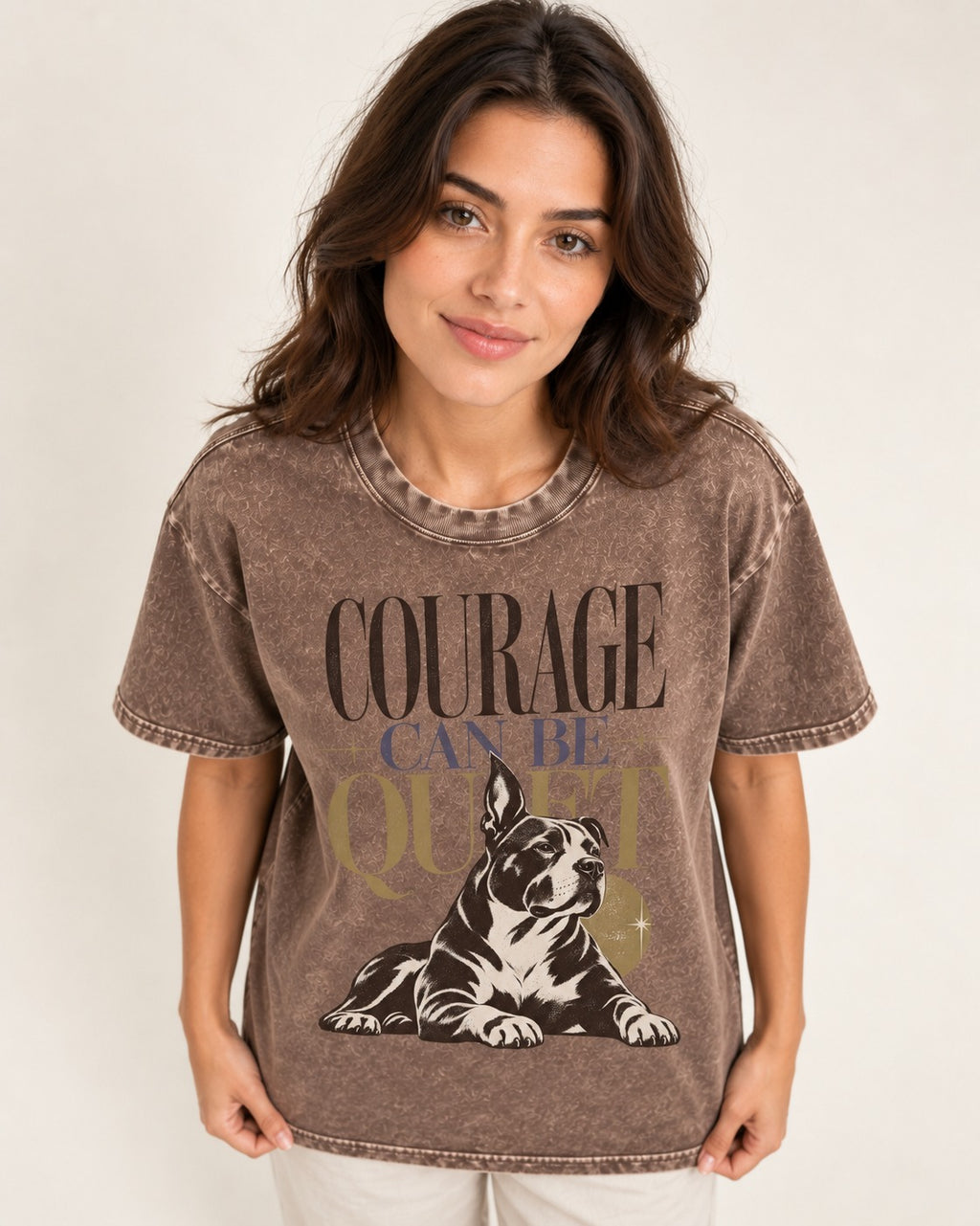 Pitbull Courage Can Be Quiet Washed Tee in Coffee, worn by a model