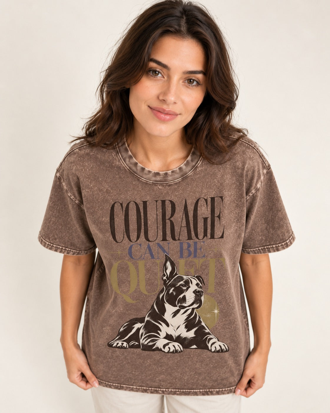 Pitbull Courage Can Be Quiet Washed Tee in Coffee, worn by a model