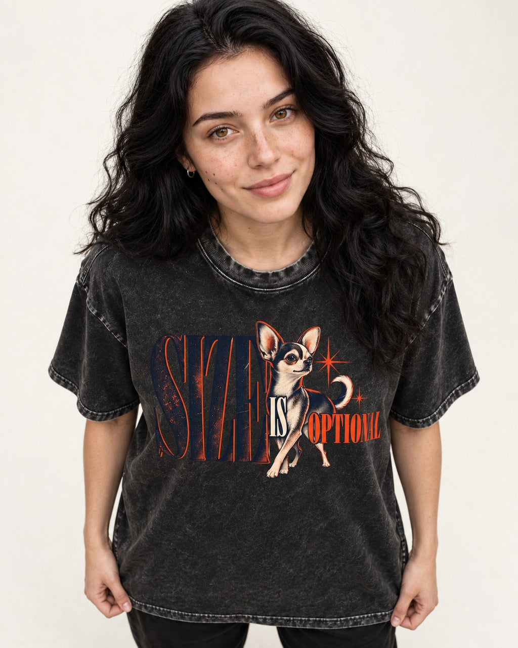 Chihuahua Size Is Optional Starburst Graphic Washed Tee in Black, worn by a model