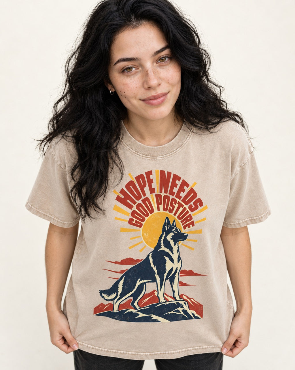 Hope Needs Good Posture German Shepherd Dog Washed Tee in Apricot, worn by a model