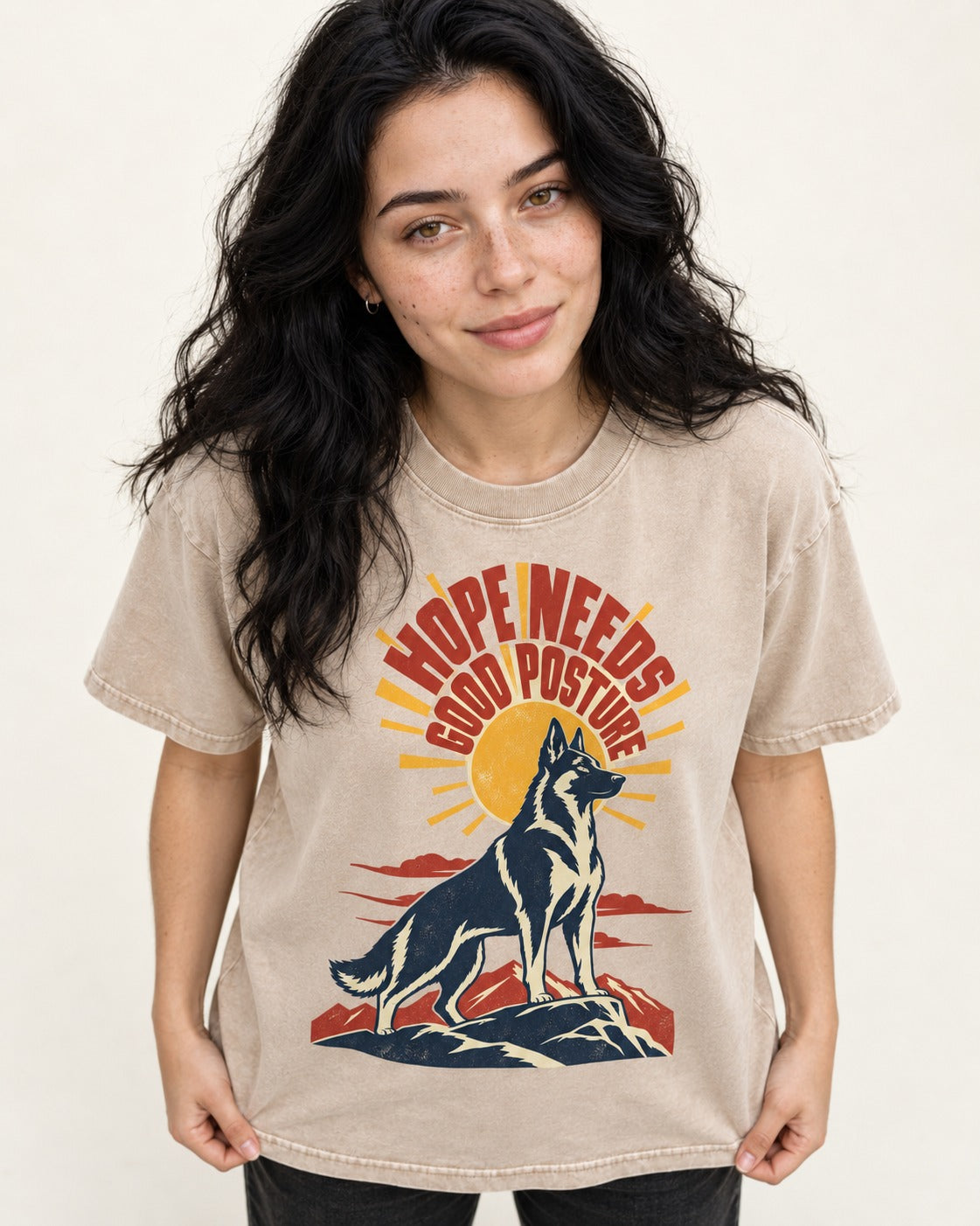 Hope Needs Good Posture German Shepherd Dog Washed Tee in Apricot, worn by a model