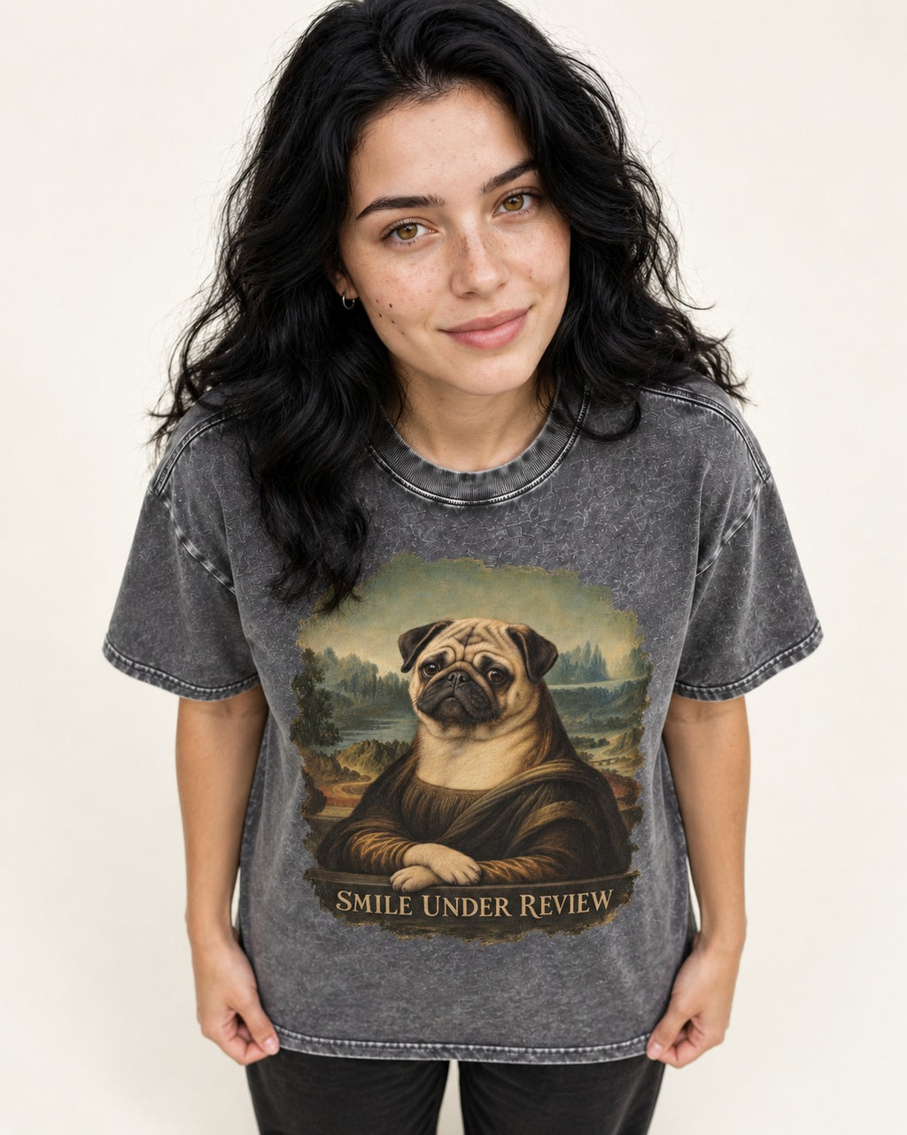 Pug Smile Under Review Mona Lisa Graphic Washed Tee in Gray, worn by a model
