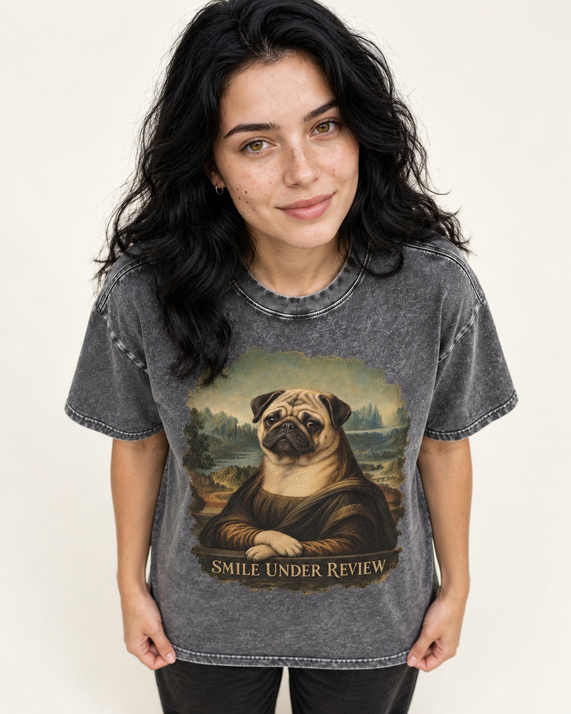 Pug Smile Under Review Mona Lisa Graphic Washed Tee in Gray, worn by a model