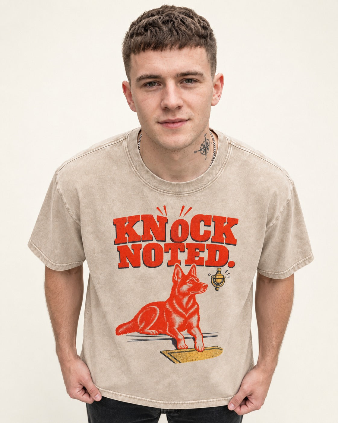 Knock Noted Door Knocker German Shepherd Dog Graphic Washed Tee in Apricot, worn by a model
