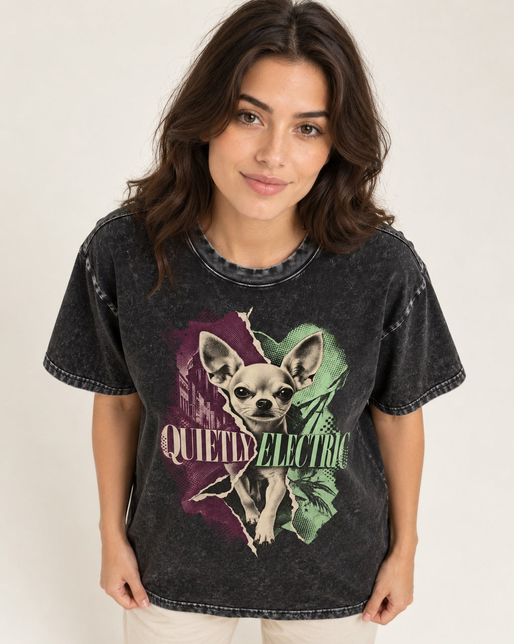 Chihuahua Quietly Electric Washed Tee in Black, worn by a model