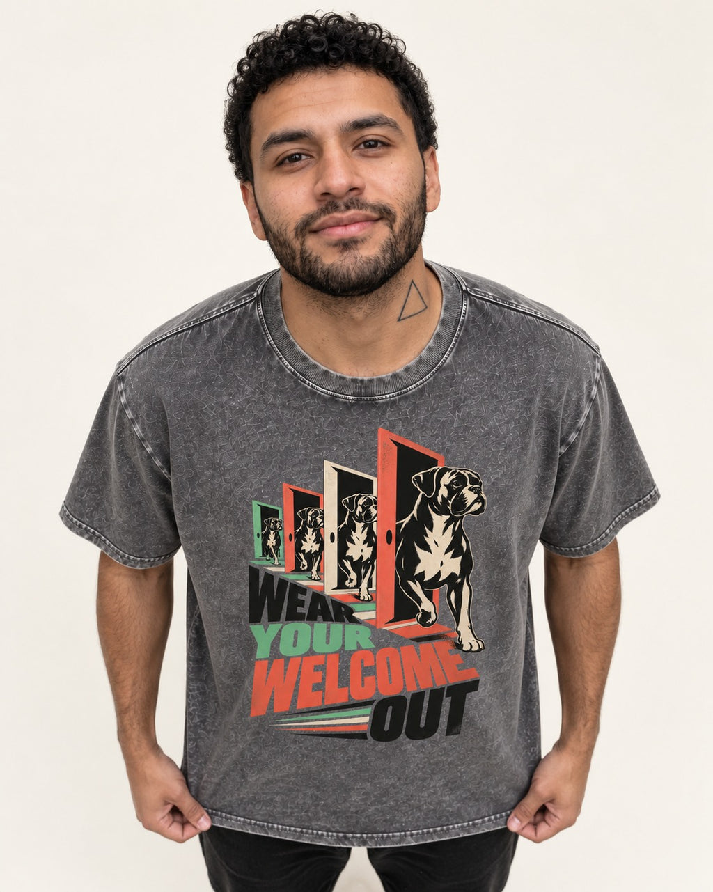 Wear Your Welcome Out Boxer Doorway Progression Graphic Washed Tee in Gray, worn by a model