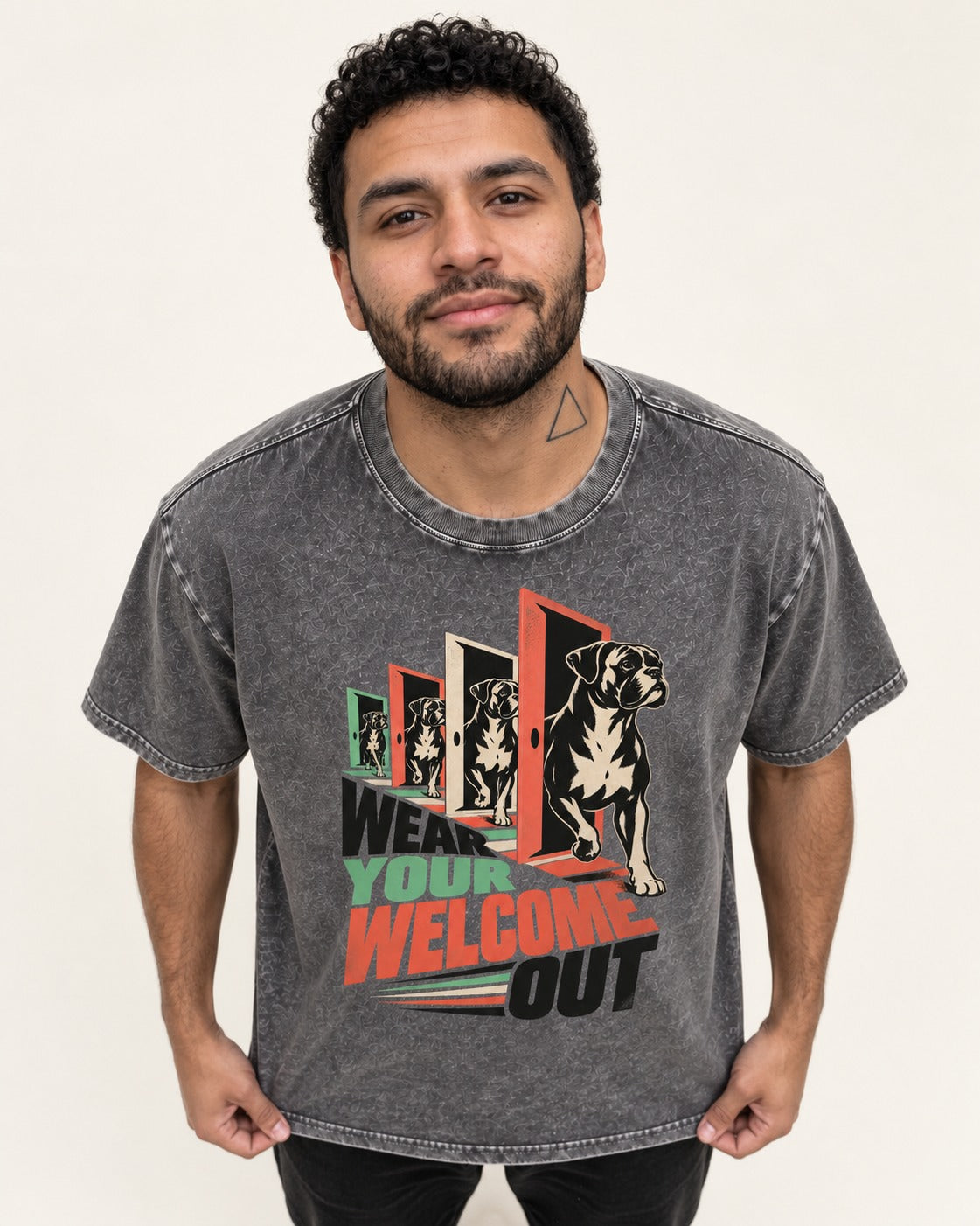 Wear Your Welcome Out Boxer Doorway Progression Graphic Washed Tee in Gray, worn by a model