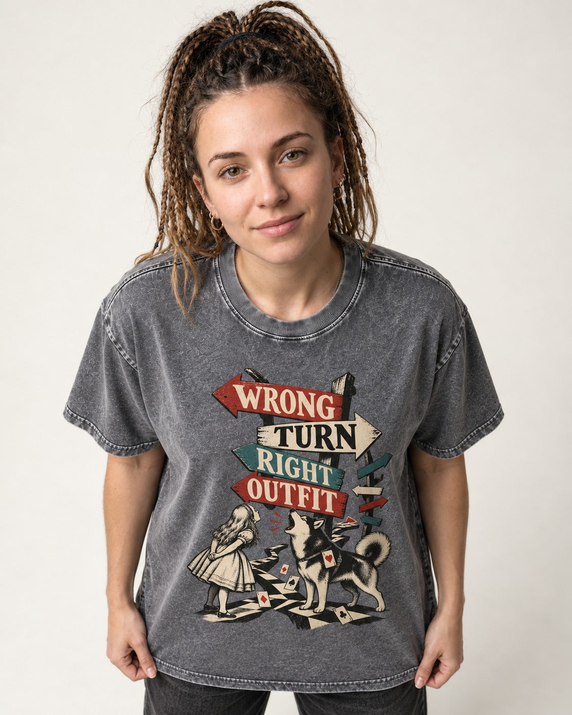 Husky Wrong Turn Right Outfit Wonderland Signpost Graphic Washed Tee in Gray, worn by a model