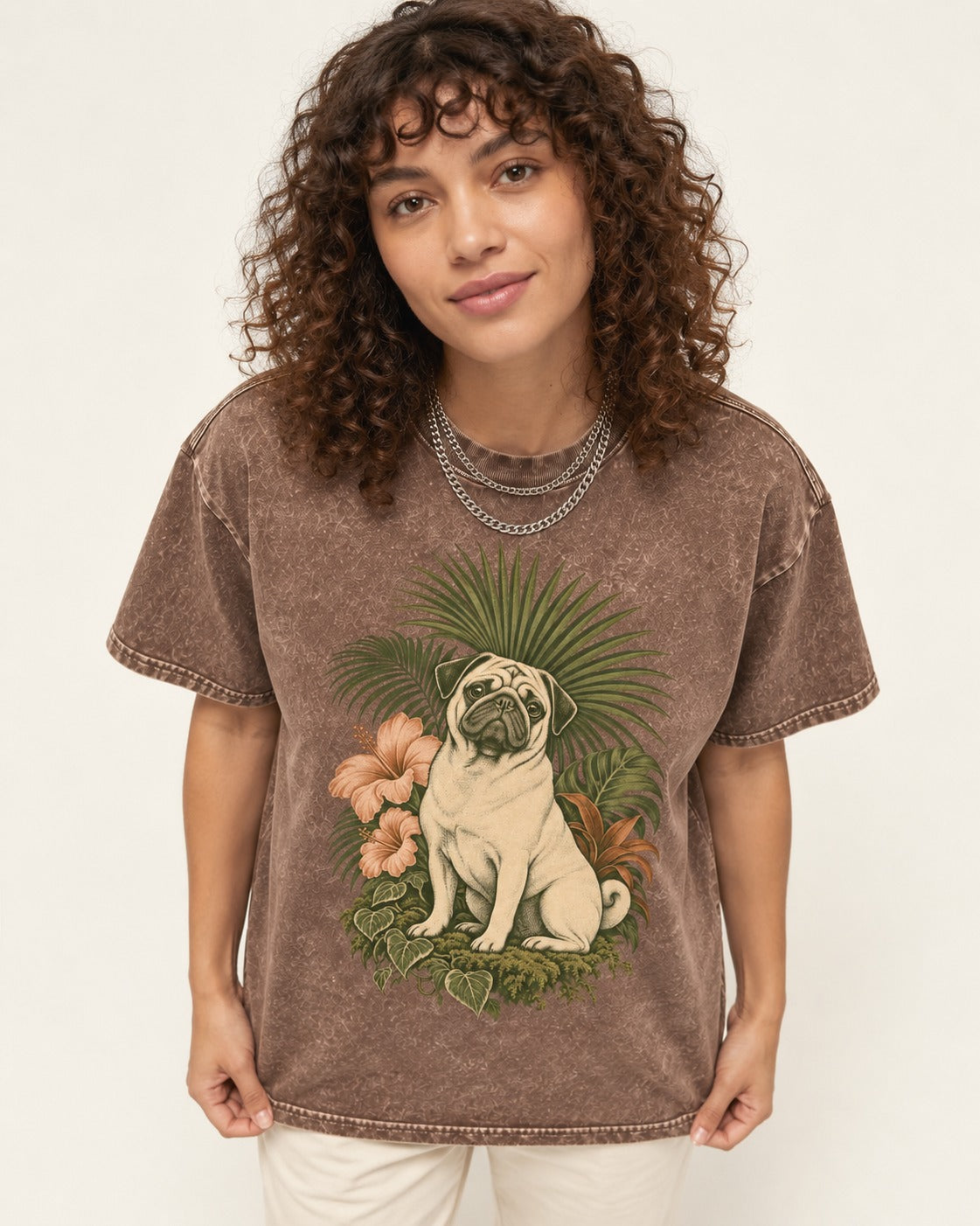 Pug Paradise Washed Tee in Coffee, worn by a model