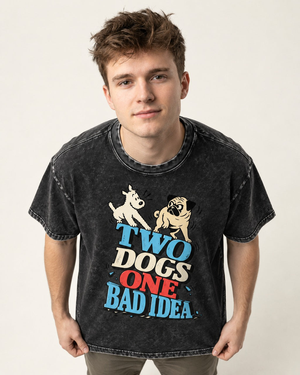 Pug Two Dogs One Bad Idea Graphic Washed Tee in Black, worn by a model